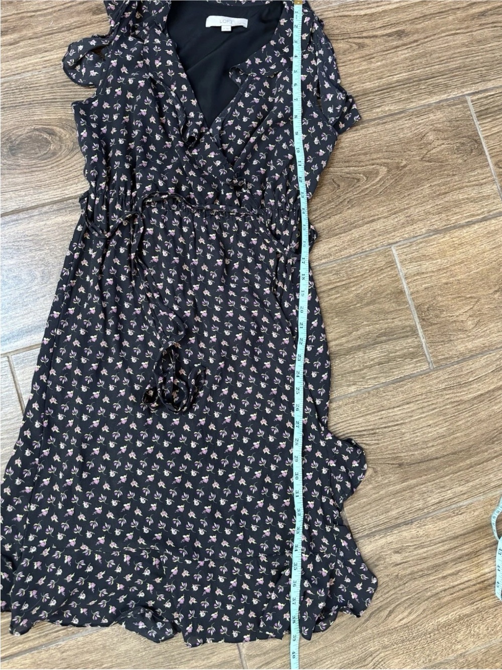LOFT Petite Black Floral Wrap Midi Dress Autumn Wedding Guest Ruffle SP - Picture 8 of 8